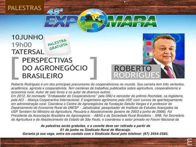 Palestra sobre “perspectivas do agronegócio brasileiro” que será realizada na 49ª Expomara de Maracaju