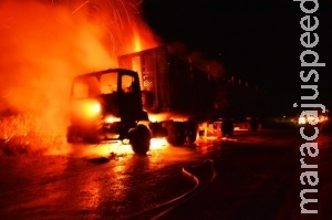 Carreta carregada com eucalipto pega fogo e fica completamente destruída