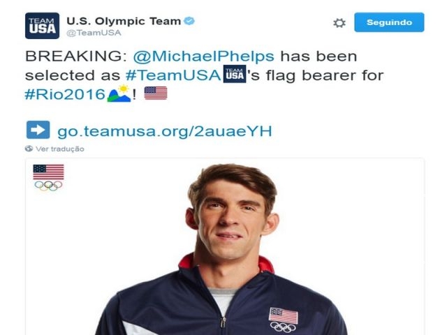 EUA anunciam que Michael Phelps será porta-bandeira na abertura