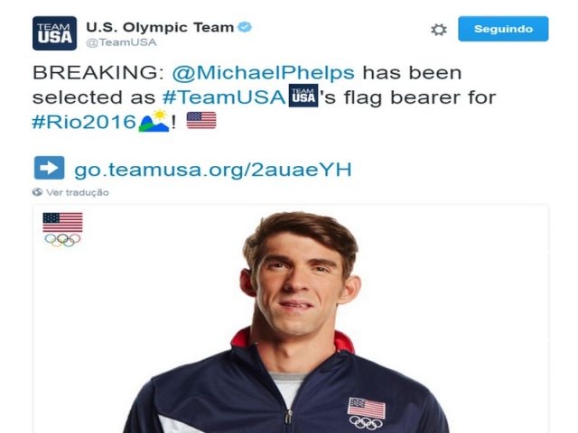 EUA anunciam que Michael Phelps será porta-bandeira na abertura EUA anunciam que Michael Phelps será porta-bandeira na abertura