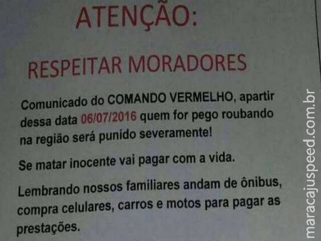 " Quem for pego roubando será punido severamente ": o cartaz anticrime do Comando Vermelho " Quem for pego roubando será punido severamente ": o cartaz anticrime do Comando Vermelho