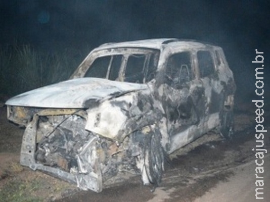 Jeep com quatro pessoas bate em anta, capota e pega fogo na BR-163