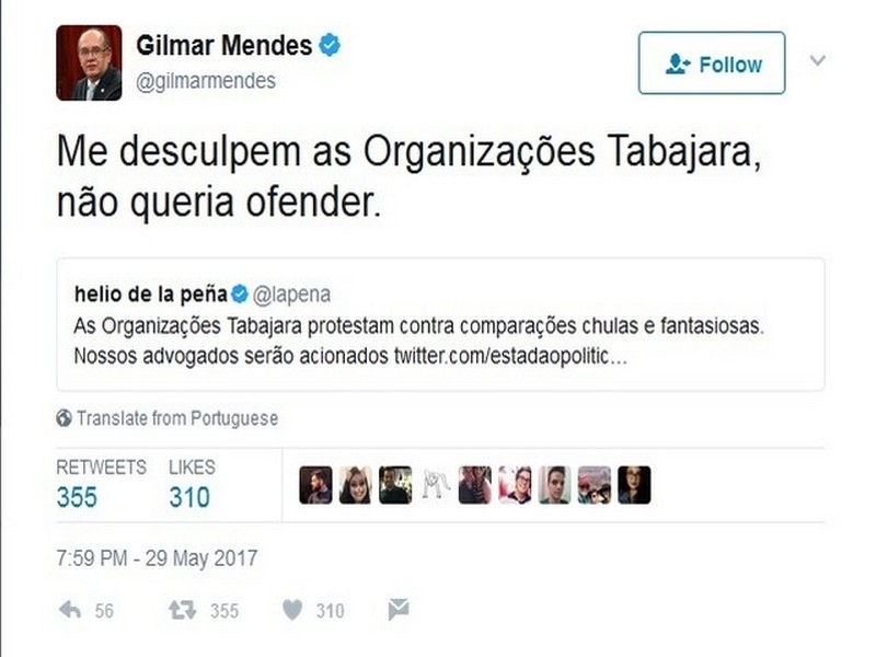  Gilmar se desculpa com Organizações Tabajara por compará-las ao Brasil