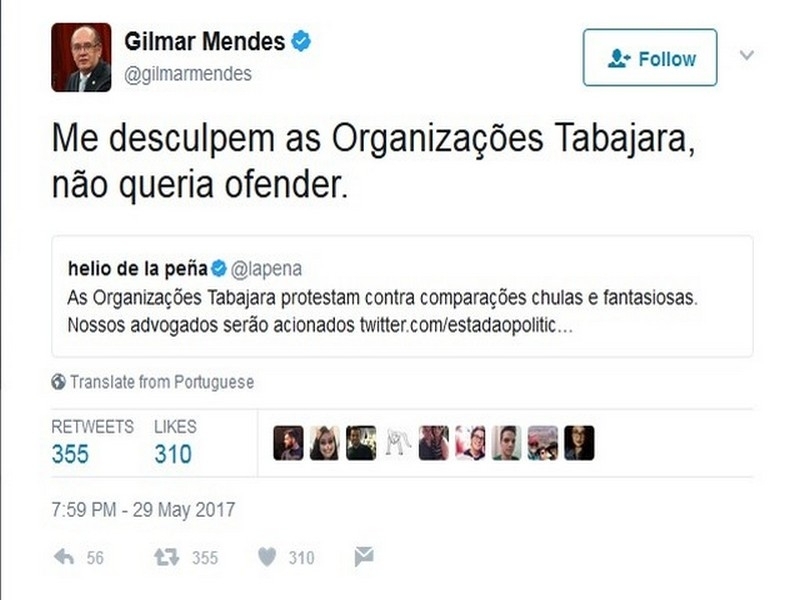 Gilmar se desculpa com Organizações Tabajara por compará-las ao Brasil Gilmar se desculpa com Organizações Tabajara por compará-las ao Brasil