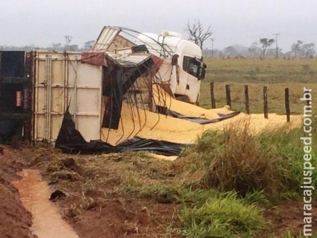 Motorista evita colisão, mas tomba carreta carregada com 60 toneladas de soja Motorista evita colisão, mas tomba carreta carregada com 60 toneladas de soja