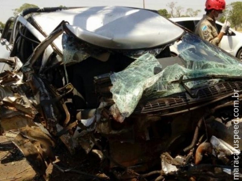 Caminhonete fica destruída após condutor desviar de carro e bater em árvore Caminhonete fica destruída após condutor desviar de carro e bater em árvore
