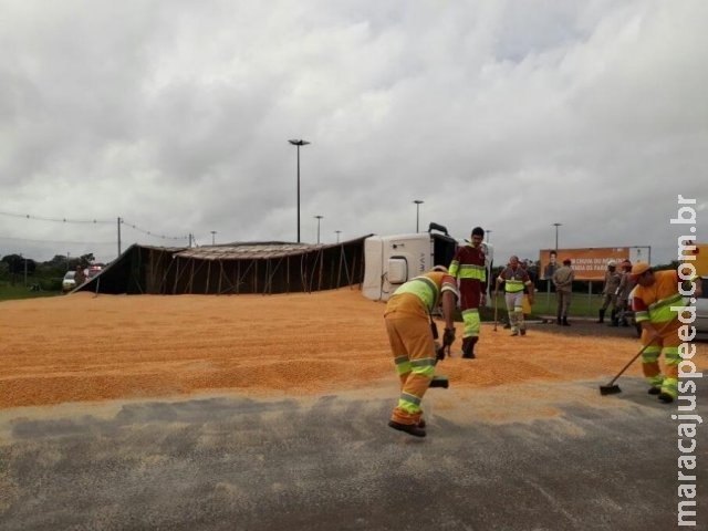 Carreta carregada de milho tomba e carga se espalha na pista Carreta carregada de milho tomba e carga se espalha na pista