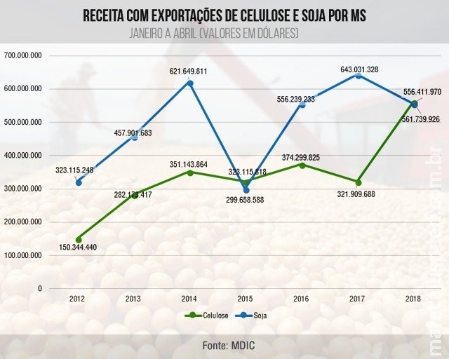 Celulose "bate" a soja e exportações chegam a um terço das vendas de MS