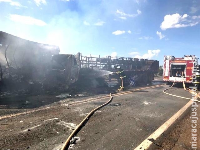 Caminhões são destruídos pelo fogo após colisão frontal na BR-267