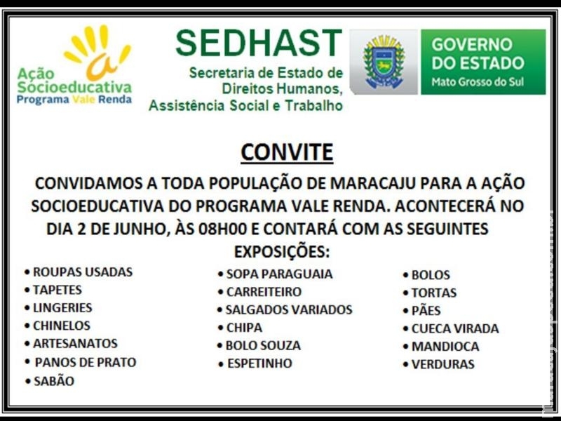 Maracaju: “Ação Socioeducativa Vale Renda” será realizada na manhã do sábado (02/06) Maracaju: “Ação Socioeducativa Vale Renda” será realizada na manhã do sábado (02/06)