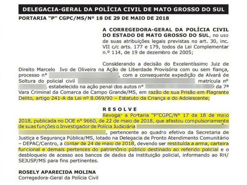 Policial civil preso em operação contra pornografia infantil em MS é colocado em liberdade e reintegrado as suas funções Policial civil preso em operação contra pornografia infantil em MS é colocado em liberdade e reintegrado as suas funções