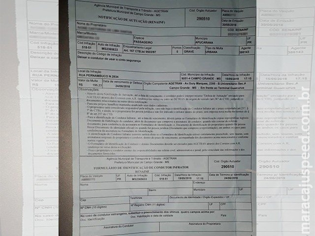 Sem nunca ter vindo à MS, paranaense recebe multa por infração na Capital