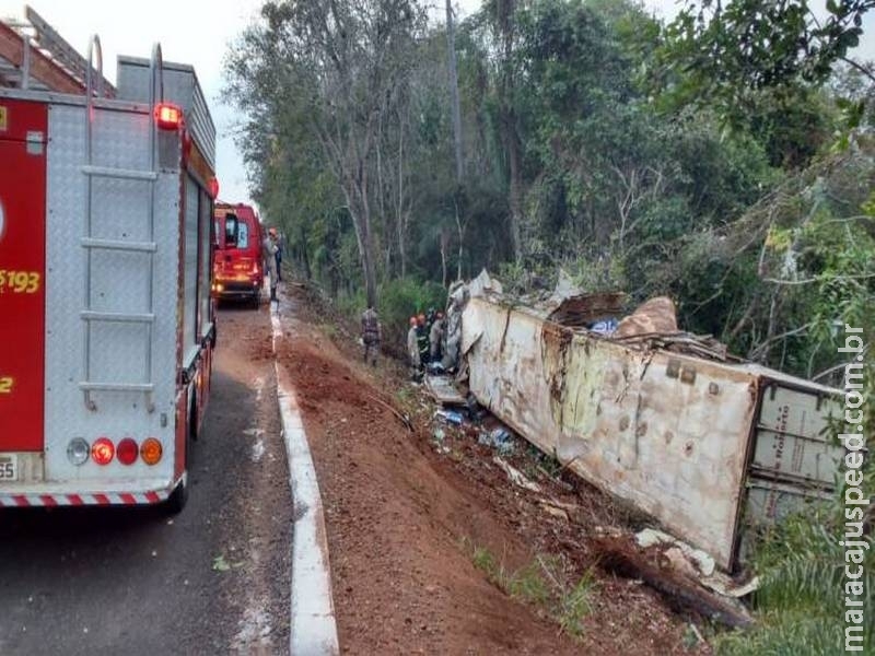 Caminhões batem, um cai na ribanceira e motorista fica preso nas ferragens