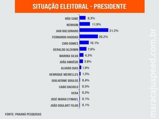 Pesquisa aponta Bolsonaro com 31,2% e Haddad tem 20,2% das intenções