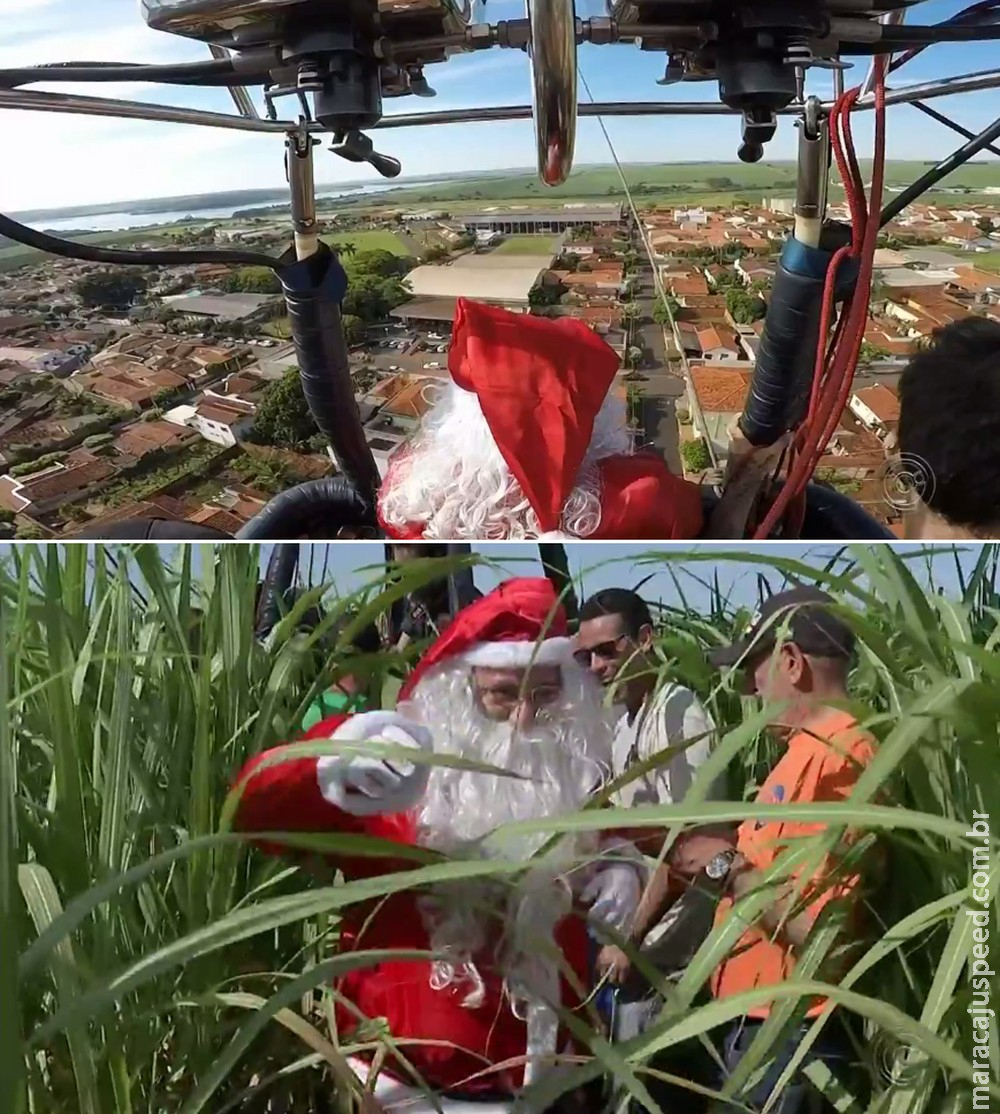 Ventania desvia rota de balão e obriga Papai Noel a pousar em canavial Ventania desvia rota de balão e obriga Papai Noel a pousar em canavial