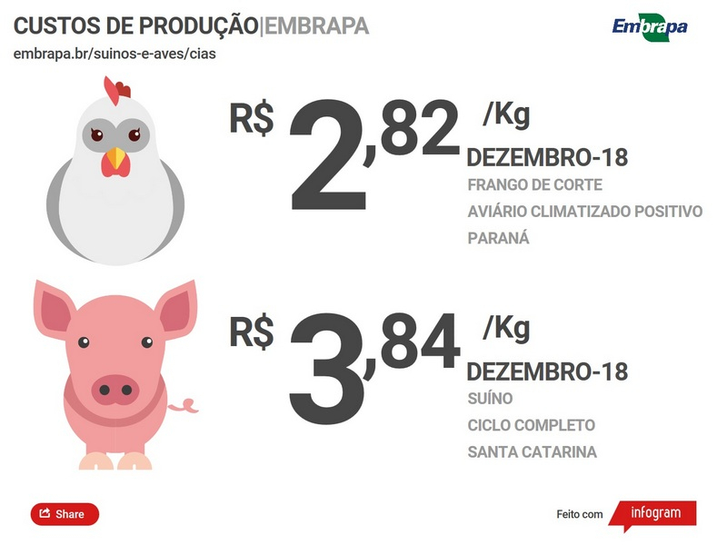 Custos de produção de frangos de corte subiram 14,21% em 2018; ICPSuíno aumentou 9,85% no ano passado Custos de produção de frangos de corte subiram 14,21% em 2018; ICPSuíno aumentou 9,85% no ano passado