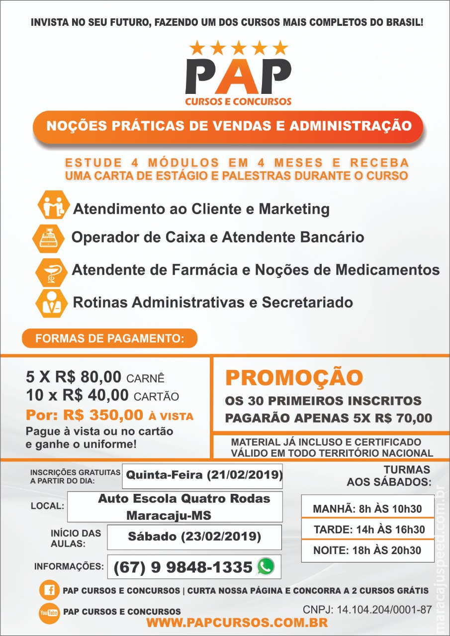 Cursos PAP retornam em Maracaju: Noções Práticas de Vendas e Administração Cursos PAP retornam em Maracaju: Noções Práticas de Vendas e Administração