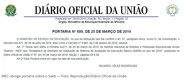 Governo revoga portaria com mudanças no Sistema de Avaliação da Educação Básica