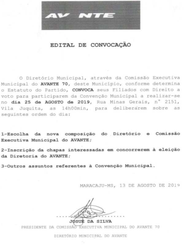 Maracaju: AVANTE realiza Convenção Municipal no próximo dia 25/08 Maracaju: AVANTE realiza Convenção Municipal no próximo dia 25/08