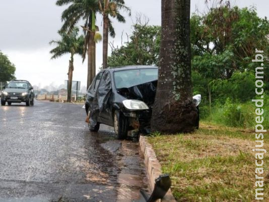 Motorista perde o controle e bate carro em árvore às margens do Rio Anhandui