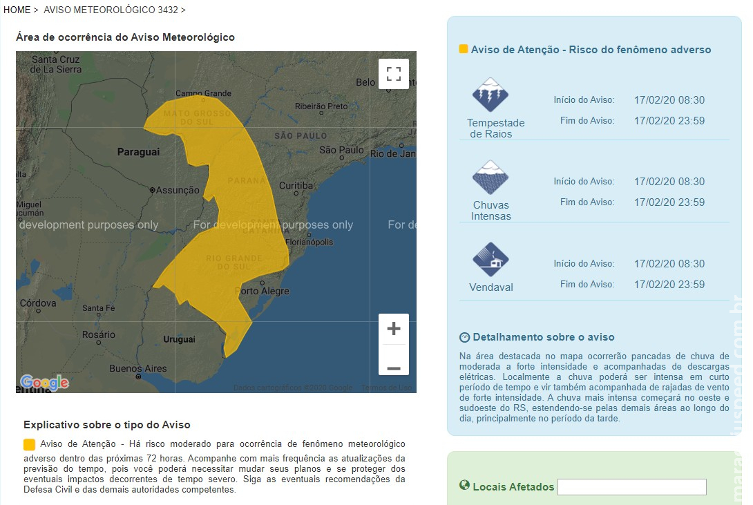 Aviso de Atenção - Há risco moderado para ocorrência de fenômeno meteorológico adverso dentro das próximas 72 horas.