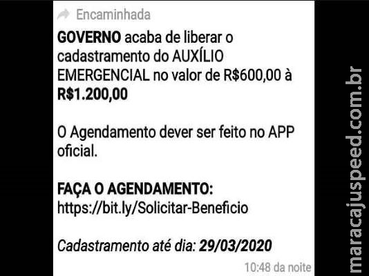 Alerta: Mensagem de WhatsApp com link de cadastro para auxílio emergencial é golpe