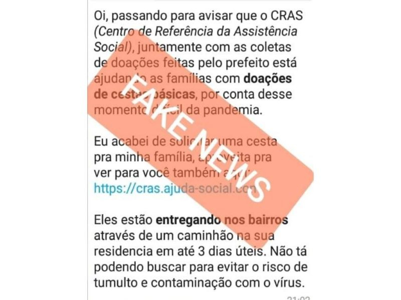 É fake news: Assistência Social informa que mensagem sobre distribuição de cestas é falsa