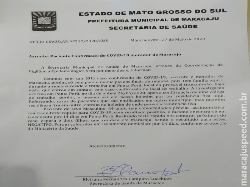 Boletim epidemiológico confirma caso positivo corona vírus em Maracaju