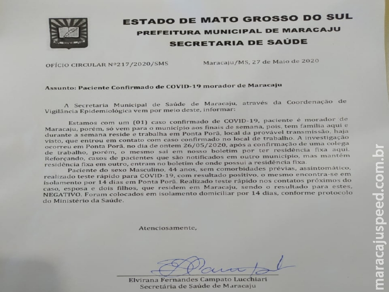 Boletim epidemiológico confirma caso positivo corona vírus em Maracaju Boletim epidemiológico confirma caso positivo corona vírus em Maracaju