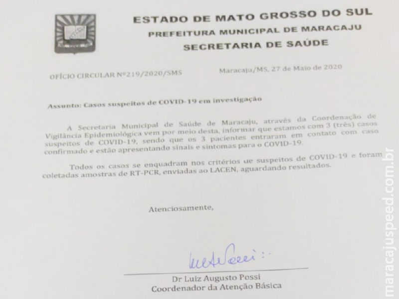 Corona Vírus: Secretaria Municipal de Saúde informa a existência de três casos suspeitos, onde todos que tiveram contato com o caso confirmado de Maracaju Corona Vírus: Secretaria Municipal de Saúde informa a existência de três casos suspeitos, onde todos que tiveram contato com o caso confirmado de Maracaju