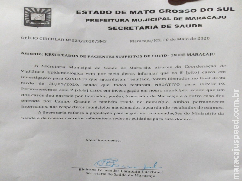 Maracaju: Oito casos suspeitos do Covid-19 em Maracaju deram NEGATIVO Maracaju: Oito casos suspeitos do Covid-19 em Maracaju deram NEGATIVO