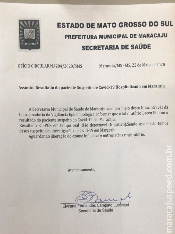 Maracaju: Resultado do paciente Suspeito de COVID-19 atesta negativo Maracaju: Resultado do paciente Suspeito de COVID-19 atesta negativo