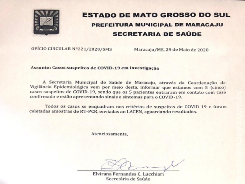 Nota Oficial: Maracaju registra 5 Casos Suspeitos de COVID-19 - (29/05), todos tiveram contato com caso positivo e apresentam sintomas da doença