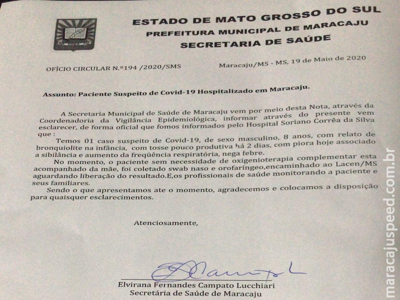 Nota Oficial: Maracaju registra novo Caso Suspeito de COVID-19 Nota Oficial: Maracaju registra novo Caso Suspeito de COVID-19