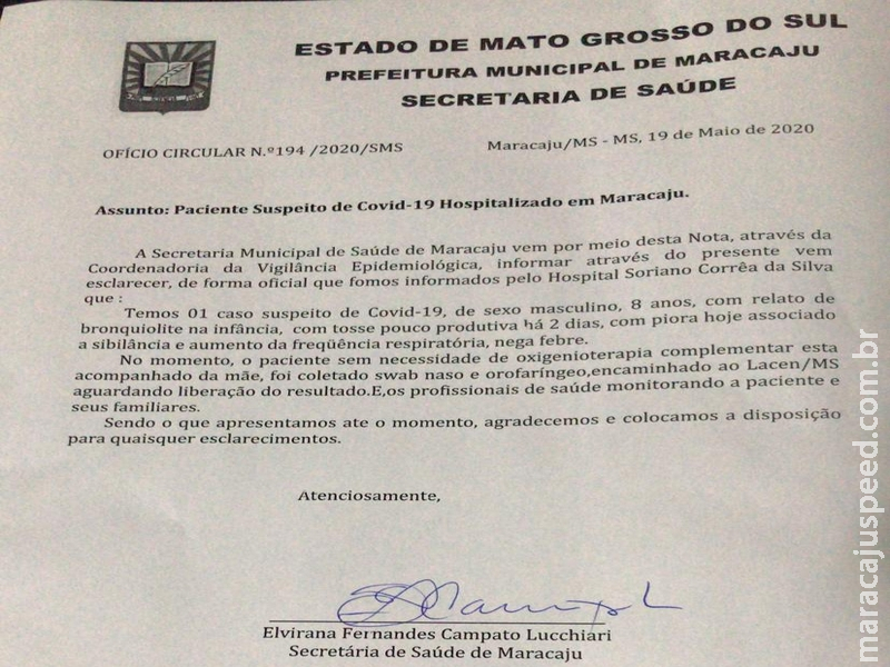 Nota Oficial: Maracaju registra novo Caso Suspeito de COVID-19