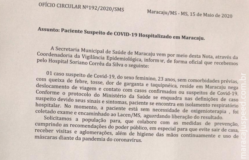 Nota Oficial: Maracaju registra novo Caso Suspeito de COVID-19