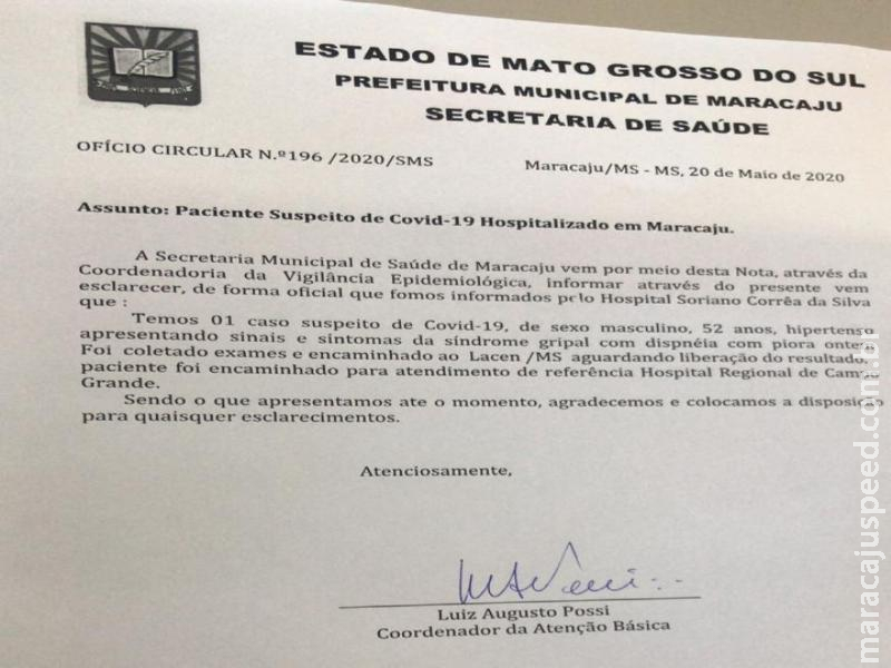 Nota Oficial: Maracaju registra SEGUNDO Caso Suspeito de COVID-19
