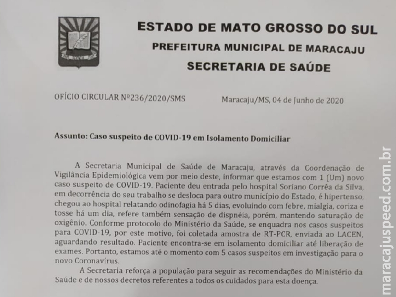 Maracaju: Novo caso suspeito de COVID-19 está em Isolamento Domiciliar. Total de cinco casos suspeitos