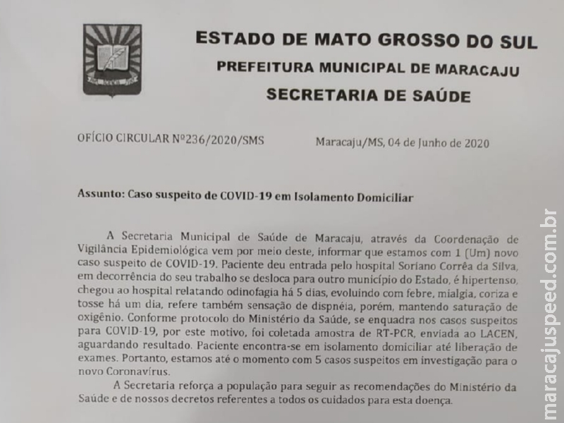 Maracaju: Novo caso suspeito de COVID-19 está em Isolamento Domiciliar. Total de cinco casos suspeitos Maracaju: Novo caso suspeito de COVID-19 está em Isolamento Domiciliar. Total de cinco casos suspeitos