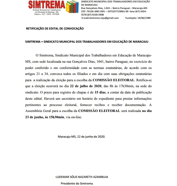 Maracaju: RETIFICAÇÃO DE EDITAL DE CONVOCAÇÃO - SIMTREMA Maracaju: RETIFICAÇÃO DE EDITAL DE CONVOCAÇÃO - SIMTREMA