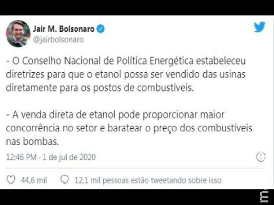 Etanol poderá ser vendido diretamente das usinas para os postos, diz Bolsonaro 