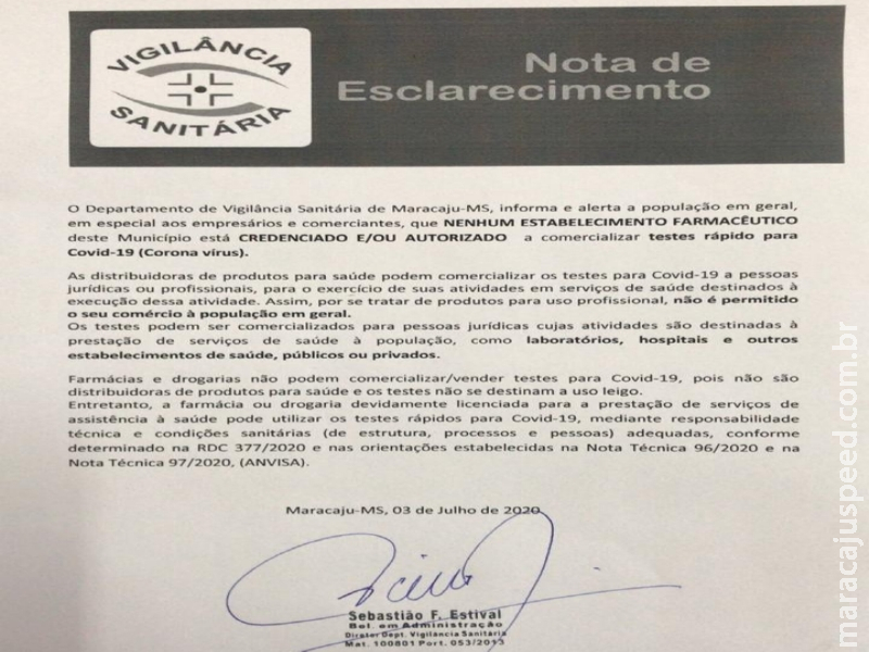 Vigilância Sanitária de Maracaju emite nota de esclarecimento informando que NENHUM ESTABELECIMENTO FARMACÊUTICO está CREDENCIADO E/OU AUTORIZADO a comercializar testes rápido para Covid-19