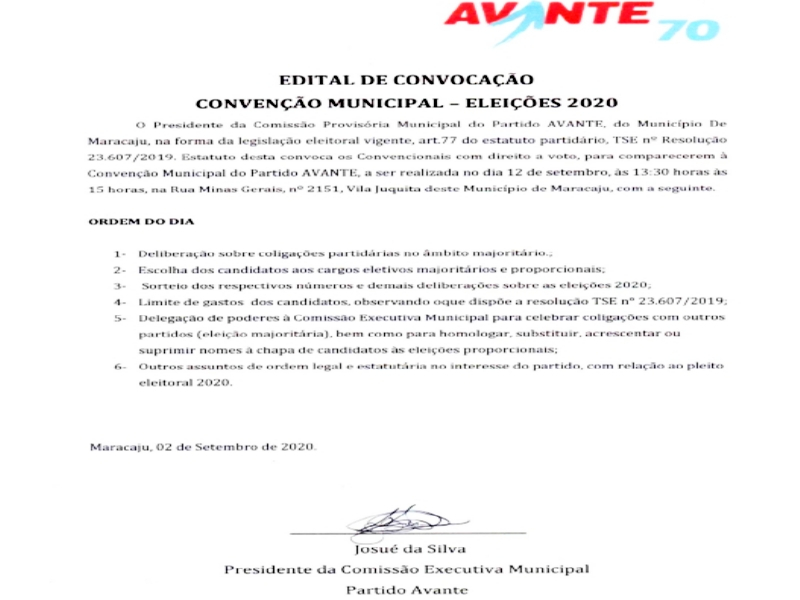 EDITAL DE CONVOCAÇÃO CONVENÇÃO MUNICIPAL - ELEIÇÕES 2020 “Partido AVANTE” EDITAL DE CONVOCAÇÃO CONVENÇÃO MUNICIPAL - ELEIÇÕES 2020 “Partido AVANTE”