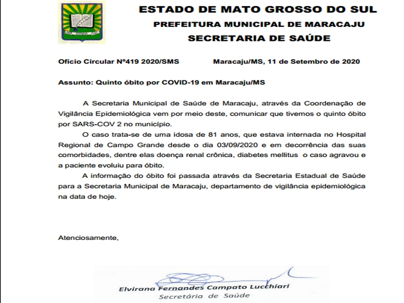 Maracaju contabiliza o quinto óbito por COVID-19 nesta sexta-feira (11) Maracaju contabiliza o quinto óbito por COVID-19 nesta sexta-feira (11)