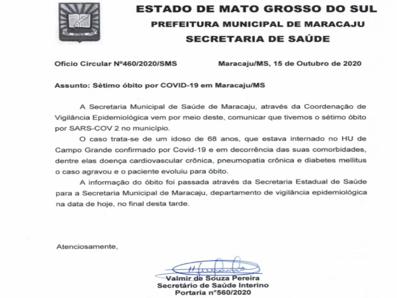 Maracaju teve o sétimo óbito devido ao COVID-19, segundo ofício circular da secretaria municipal de saúde Maracaju teve o sétimo óbito devido ao COVID-19, segundo ofício circular da secretaria municipal de saúde