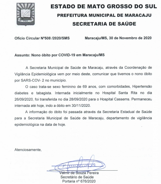 Maracaju contabiliza o “NONO” óbito devido ao COVID-19 Maracaju contabiliza o “NONO” óbito devido ao COVID-19