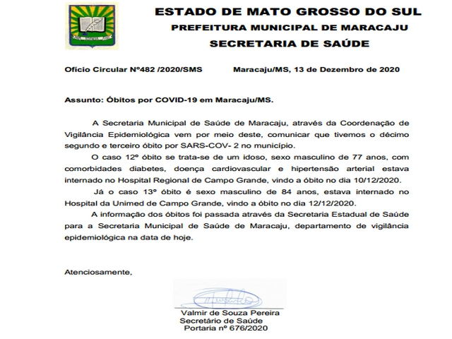 Maracaju contabiliza “Décimo Segundo e Décimo Terceiro” óbito por COVID-19 Maracaju contabiliza “Décimo Segundo e Décimo Terceiro” óbito por COVID-19