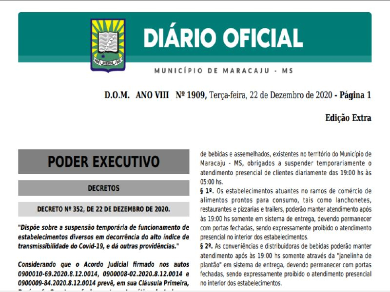 Prefeitura emite decreto N° 352 onde restringe abertura de comércios em Maracaju