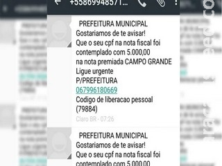 Novo golpe engana campo-grandenses com falso prêmio de R$ 5 mil na Nota Premiada Novo golpe engana campo-grandenses com falso prêmio de R$ 5 mil na Nota Premiada