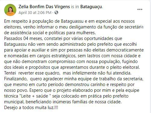 Vice-prefeita de Bataguassu reclama de nomeações e deixa Secretaria de Assistência Social Vice-prefeita de Bataguassu reclama de nomeações e deixa Secretaria de Assistência Social